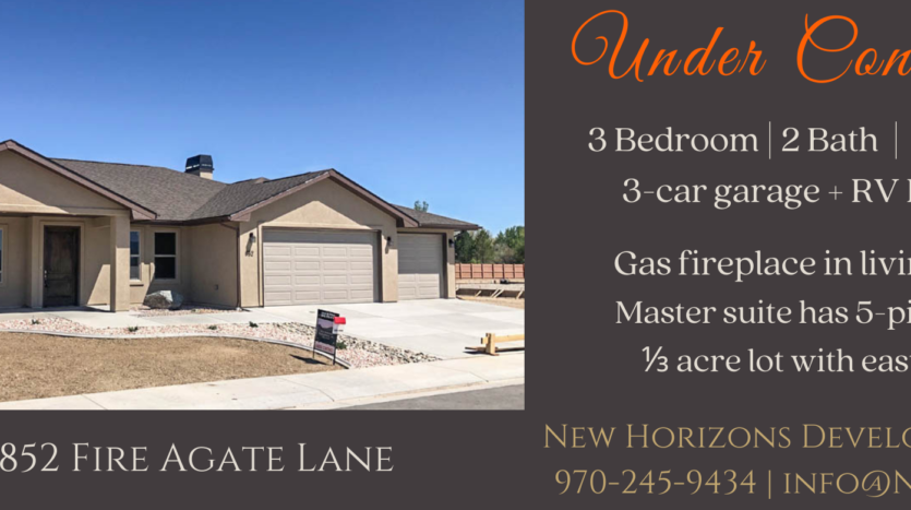 852 Fire Agate is Under Contract! 3 bedrooms, 2 baths, vaulted living & dining room, kitchen appliances included. Bonus storage room attached to outside of home. 3 car garage + RV parking!