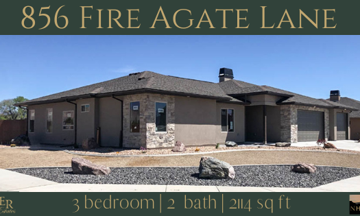 856 Fire Agate Lane is a 3 bedroom, 2 bath home with a 3 car garage, & RV parking. The living area has vaulted ceilings, and lots of windows facing east towards the Bookcliffs & Grand Mesa. Split bedroom design, with the Master Suite tucked away in the back, and the other bedrooms in the front. Kitchen includes appliances, island, and pantry.